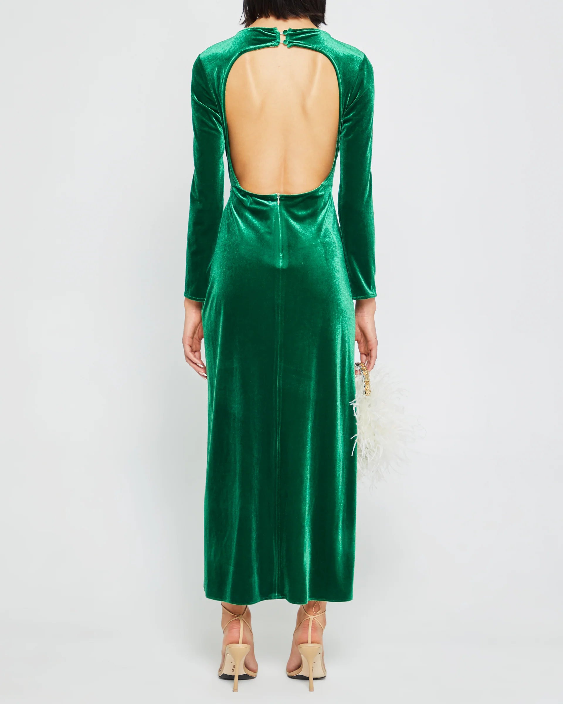 Vestido Weitese vintage de fiesta, de columna, hasta los tobillos, de manga larga, con cuello barco, de terciopelo, plisado y espalda abierta.